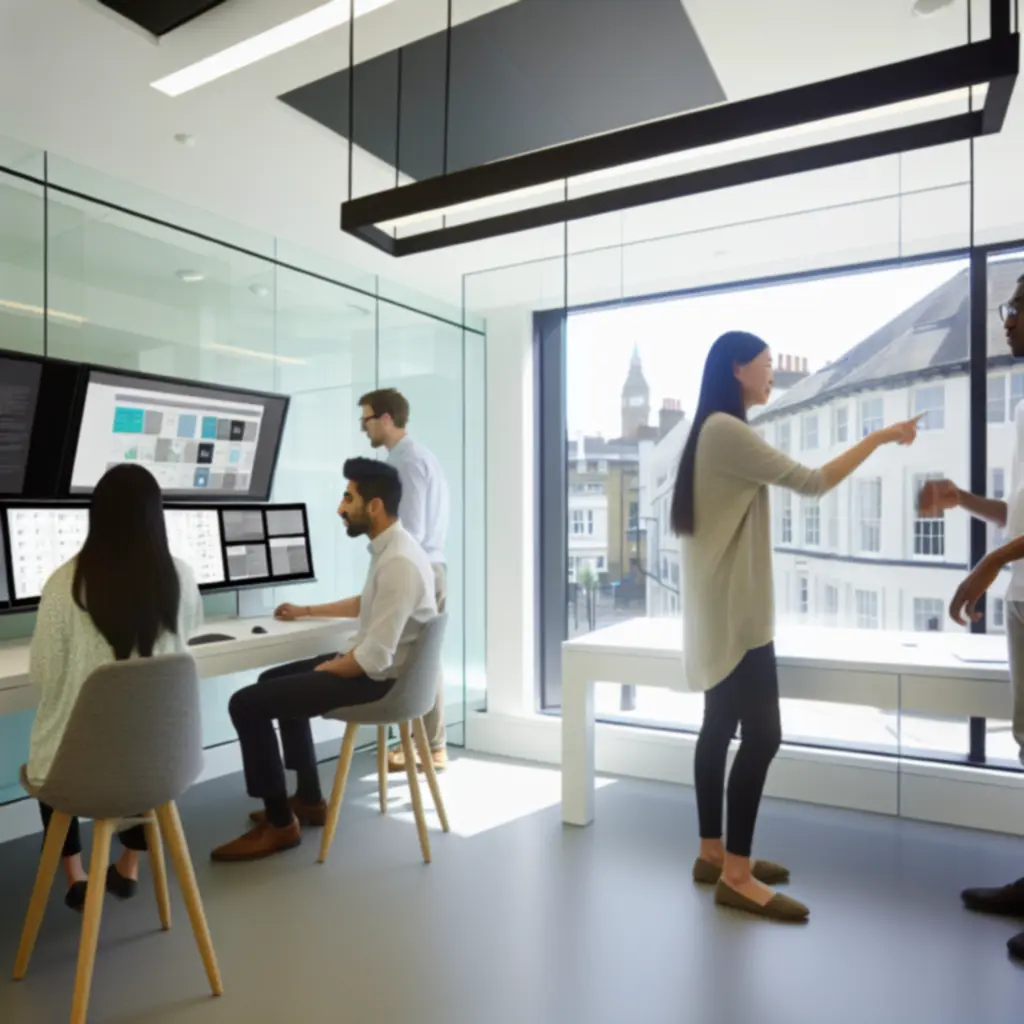 Modern software team working in a UK office