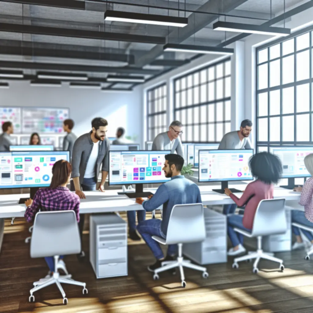 Digital product team collaborating in a modern office