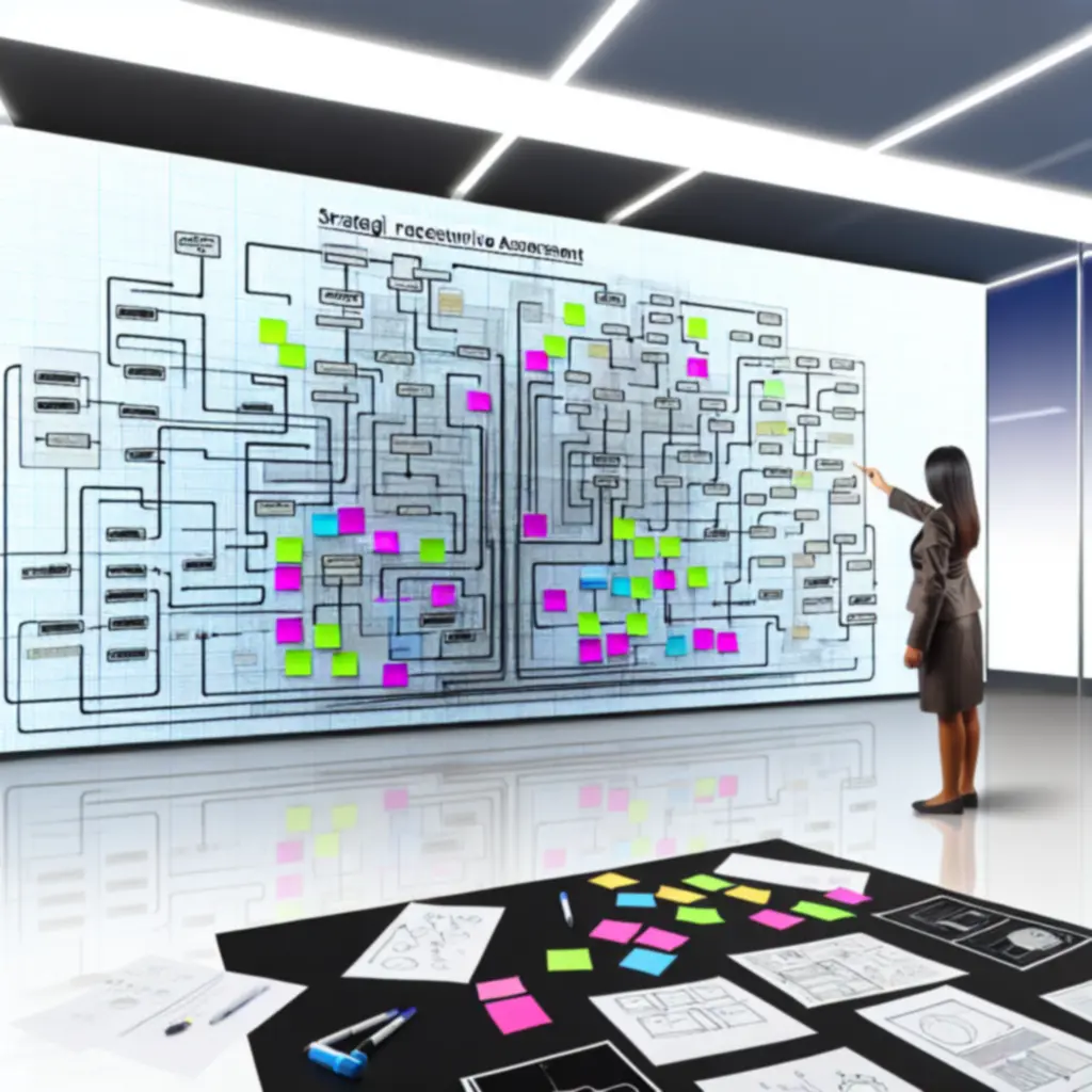 Workflow diagrams and feature planning on a whiteboard